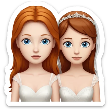 A ginger woman with blue eyes, marrying a taller woman with dark brown hair and hazel eyes, both in wedding dresses. sticker