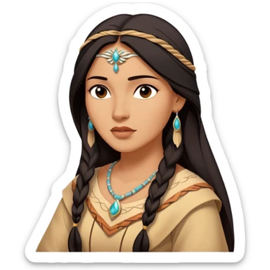 Cinematic Serene Pocahontas Portrait Emoji, rendered in a realistic, simplified vector style. Depict a gentle Pocahontas (chest and above) with warm, glowing skin, loosely flowing dark hair, and a calm, reflective expression, wearing modest traditional attire in earthy hues. The image is bathed in a soft, inviting glow with high shine and a soft glowing outline. sticker