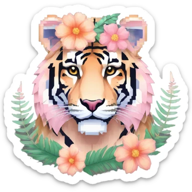 Pixel art of a pixel pink peach beige blue cream pastel pixel tiger pixel lion wearing tropical flowers and leaves, flower crown, floral, pixel sticker
