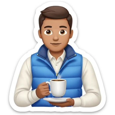 man wearing long sleeve white shirt with blue puffy winter vest holding a cup of coffee in front of him sticker