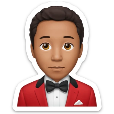 Smokey Robinson with dark brown hair, red suit with bow tie sticker