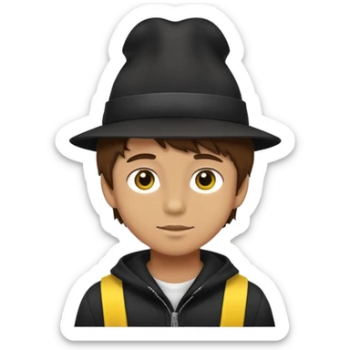 boy with fluffy brown hair wearing a black hat with yellow accents sticker