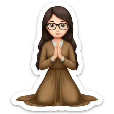 A woman kneeling praying, in a long dress, long dark brown hair, glasses  sticker