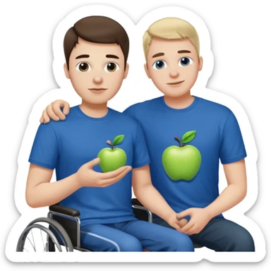 A guy in a blue Apple T-shirt, helping a disabled person who is ugly sticker