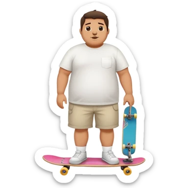 Full body chubby Mexican man with a skateboard from the city in shorts and a white tshirt sticker