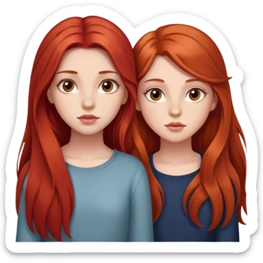 two girls, they are 18 years old. The first girl has long red hair, no bangs, and rough eyes. The second girl has long brown hair and brown eyes, large eyelashes, plump lips sticker
