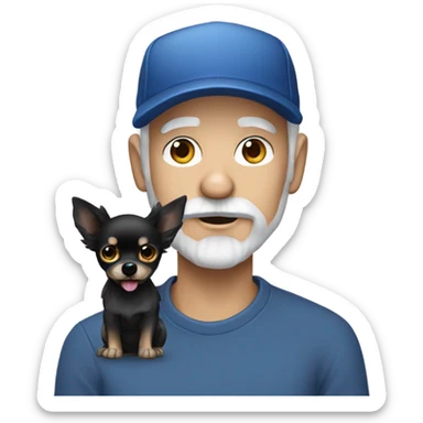 Blue eye Old man with goatee beard ball cap holding black Chihuahua long hair sticker