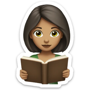 brunette straight chin length haired girl with beige skin tone and dark green eyes reading a book  sticker