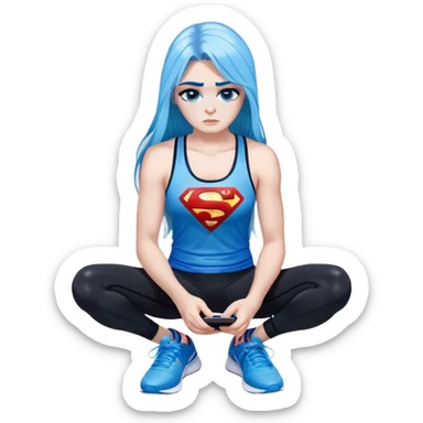 Shameful disappointed crying-very very very very big chest-texting on a samsung cell phone-very long straight flowing black to sky blue hair ombre-blue eyes-black eyeliner-long eyelashes-plastic sparkling sky blue very low cut tank top with sparkling superman logo-black leggings-nike sneakers sticker