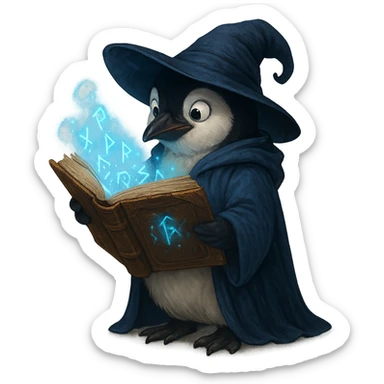 penguin wizard holding an ancient book, glowing runes, enchanted look sticker