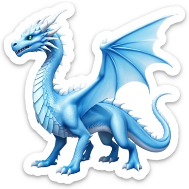 Cinematic Noble elegant Ice Dragon full body Emoji, Poised and imposing, distinct long elegant snout, with a slender, scaled body shimmering in glacial hues of icy blue, frostbitten silver, and crystalline white, breathing out frost, with piercing, glowing eyes that radiate the chilling depths of an arctic storm; rendered in detail. displaying its wings sticker