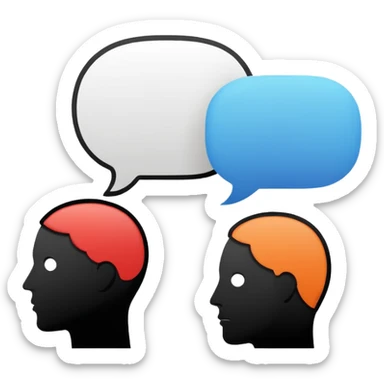 Minimalistic flat vector icon, iOS style, thin black contour on white background. Human head with speech bubble and small group of people silhouettes listening. Clean, no text, no shadows sticker
