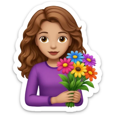 Niña con un ramo de flores que sea castaña con cabello ondulado  sticker
