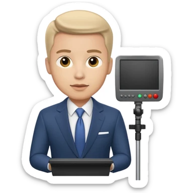a male news anchor sits, with a screen with a prompter in front of him sticker