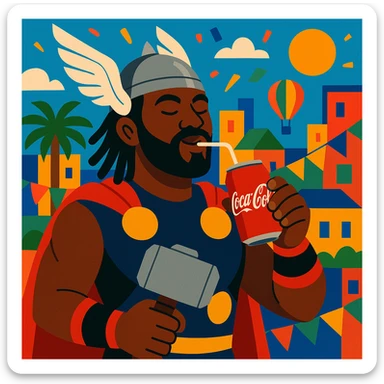 African Thor, dark-skinned, enjoying Coca Cola, modern African city backdrop, vibrant, colorful, festive atmosphere sticker