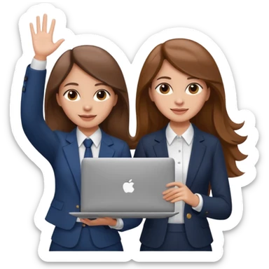 

two brown haired girls, looking professional maybe leaned on each others back and looking forward and waving with long hair and one girl can hold lap top another one can hold the phone, professional clothes, more stylish

 sticker