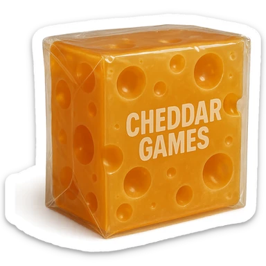 A high quality, hyper-realistic, transparent orange cheddar block with Swiss holes, soft and slightly cloudy plastic texture, soft reflections, retro 90's toy style, sealed in plastic with 'Cheddar Games' written on it, no background, looks like a gummy, extremely detailed and appealing. sticker