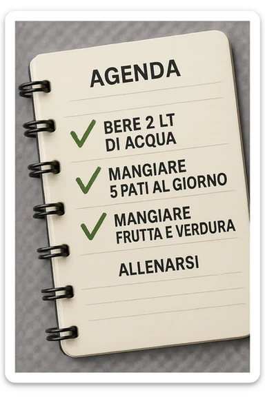 FOGLIO DI AGENDA CON SCRITTO:
BERE 2 LT DI ACQUA
MANGIARE 5 PASTI AL GIORNO
MANGIARE FRUTTA E VERDURA
ALLENARSI, 

METTI QUALCHE SPUNTA VERDE SULLE ATTIVITò CHE SONO GIà STATE SVOLTE, iperrealistico 4k sticker