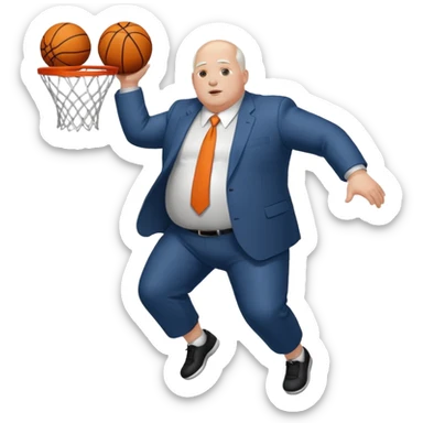 bald with white hair on side guy dunking basketball in suit but make him fat sticker