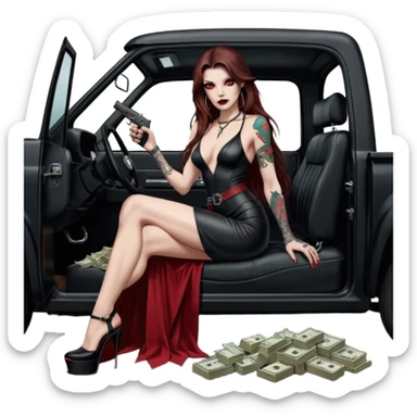 Lilith symbol red eye seductress evil long brown haired sexy succubus woman with leather long dress with slit, sitting in Big Large F350 pickup truck. Black Platform high heels on feet. Tattoo sleeve arms, seat full of stacks of cash, and a man dead human skull of her enemies and a gun in other hand sticker