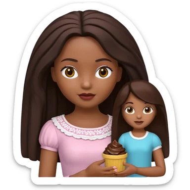 Boneca digital em estilo 3D realista e fofo, semelhante a uma boneca colecionável. Mulher jovem com pele negra, olhos castanhos escuros, cabelo liso cor chocolate, longo e bem alinhado.  sticker