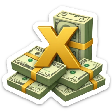 cash pile, make bills rectangular, next to a "10x" factor, looking like 10x CASH PILE, the number 10 and letter x, precede the cash pile sticker