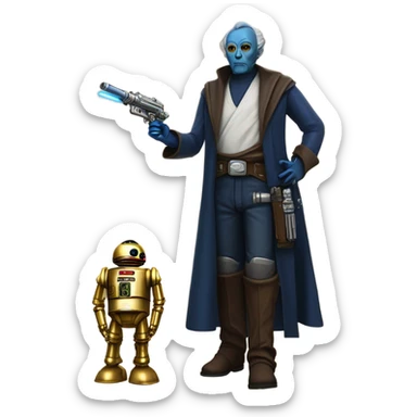 bounty hunter tarnished undercover tough well-equipped Jedi  life-sized darkblue-pearl C3po leather vest clothing pants and vest old west duster coat holding light saber sheriff holstered gu sticker