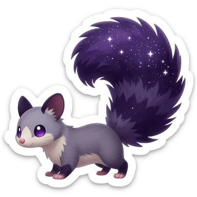 Hyper realistic  midnight-violet velvet fur soaked in starlight glitter and shadow gradients beautiful elegant pretty precious cute  Fakémon-Pokémon-opossum-feline-serval-caracal-chinchilla-Furret-Minccino-hybrid-creature with a big fluffy bushy tail (full body) sticker