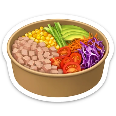 Poke bowl with tuna, tomato, corn, avocado, cucumber, carrot shedred, purple cabage, in a cardboard poke bowl.” sticker
