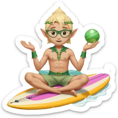 elf male legolas sitting on surfboard (ashore), hands manipulating two orbs of swirling seawater giving a "massage" to his own shoulders, wearing relaxed linen shorts over swimwear, tinted elven sunglasses, pointy ears, content expression, centered emoji sticker