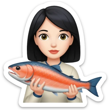 White lady with black hair holding a salmon  sticker