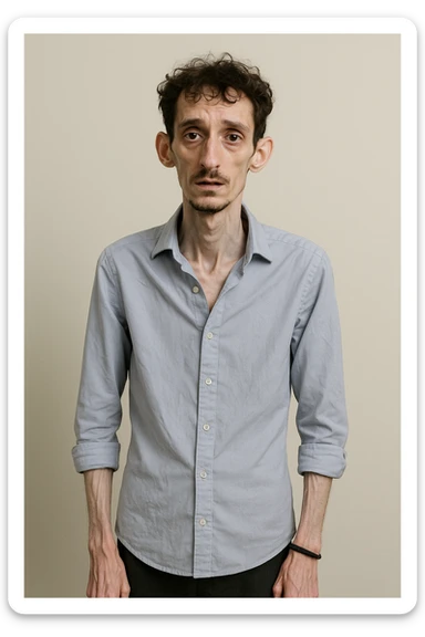 uomo che ha perso massa ed è piatto muscolarmente, lui è in piedi e si vede il fisico debilitato sticker