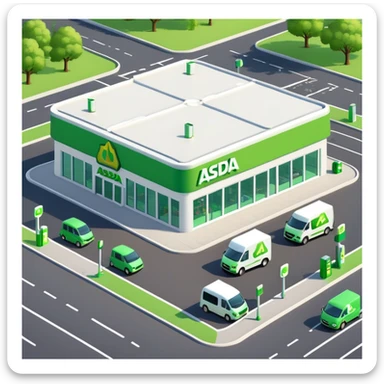 Isometric ASDA store with green logo, petrol station, large parking area, and delivery vans sticker