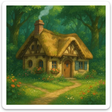 cozy cottage in a magical forest sticker