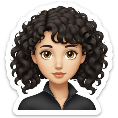 Chica de 40 años con pelo rizado y con coleta alta, pelo marrón-oscuro casi negro, y flequillo a un lado con unos rizos ondulados. Blanca de piel y ojos de color miel sticker