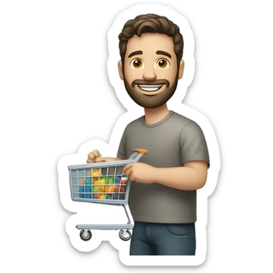 white man, bearded with short dark hair holding a product cart and smiling sticker