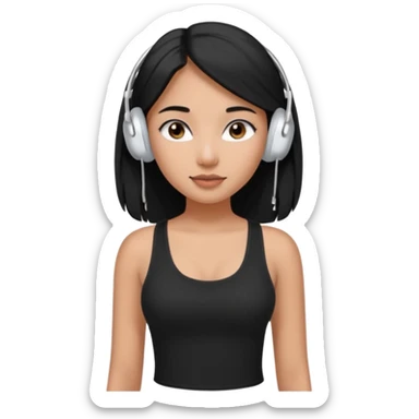 a fair indian girl with straight black long hair, wearing a black cami top. and wearing silver airpods max headphones on sticker