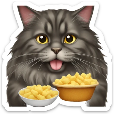 A fat dark Maine coon cat eating sticker