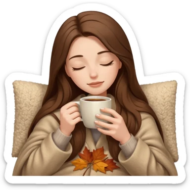 long brown hair woman closed eyes hiding under a cozy wool beige blanket, holding cup of coffee, autumn mood sticker