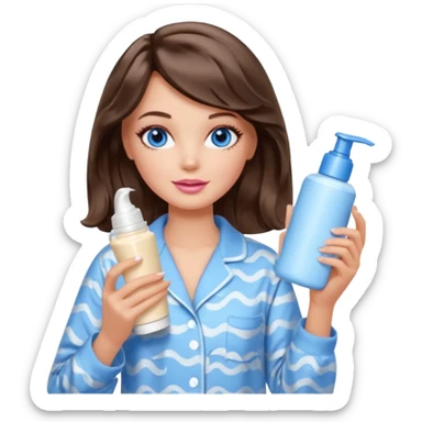 Barbie girl with makeup, blue eyes , and bob long haircut wavy, short brown hair in creamy color pajamas, face cream in hand sticker