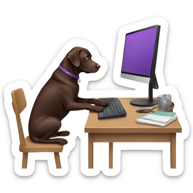 Chocolate lab working on computer with small headset , food on desk, wearing purple sweater  sticker