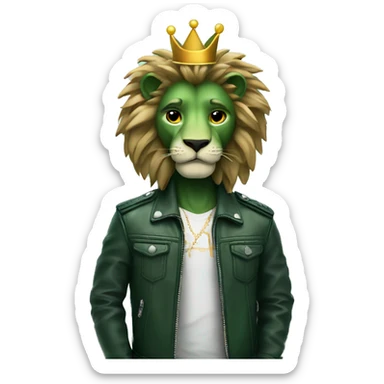 green skin and hair lion in cool leather jacket with a crown sticker