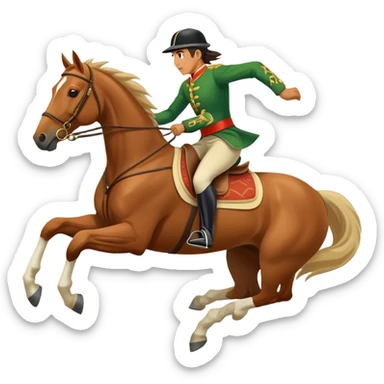 An icon showcasing a blue sky, distant mountains and a vibrant landscape. a majestic horse and rider in full gallop across a lush green field. The rider wears traditional gear, while the horse leaps with grace and power.  sticker