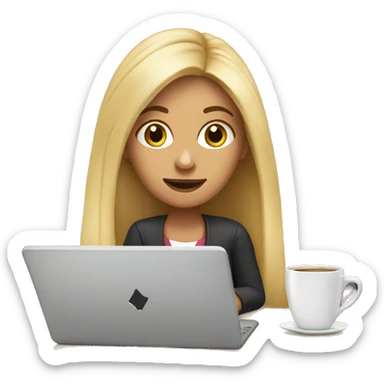 woman with long blonde hair sitting in cafe with laptop sticker