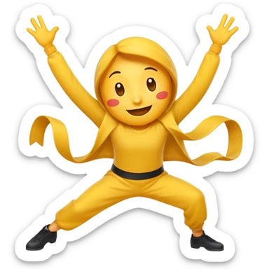 An expressive emoji-style character dancing with lively motion, dynamic pose, joyful energy, and bright, vibrant colors. sticker
