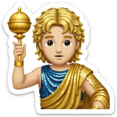 Mercury from Roman Deities with long gold wavy hair, gold sequin toga sticker
