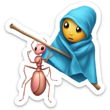 Sad looking Pink tan colored Ant carrying a cerulean cloth sack bag attached to a stick  sticker