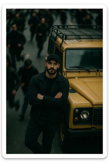 An aerial cinematic shot of me leaning against a yellow land rover defender on the street, wearing a t-shirt under a black jacket. A blurry crowd of people running around me. Gloomy lighting, 35mm film style, shallow depth of field, sharp focus on me.  sticker
