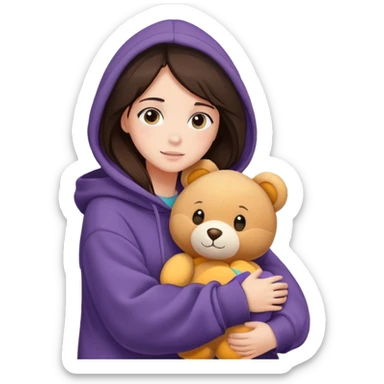 brunette girl in oversized hoodie, hugging a plush toy by the window sticker