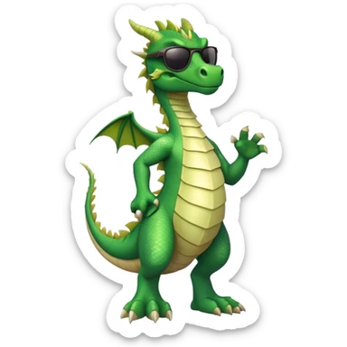 friendly anthropomorphised green dragon in a sports t-shirt and jeans wearing dark sunglasses walking upright sticker